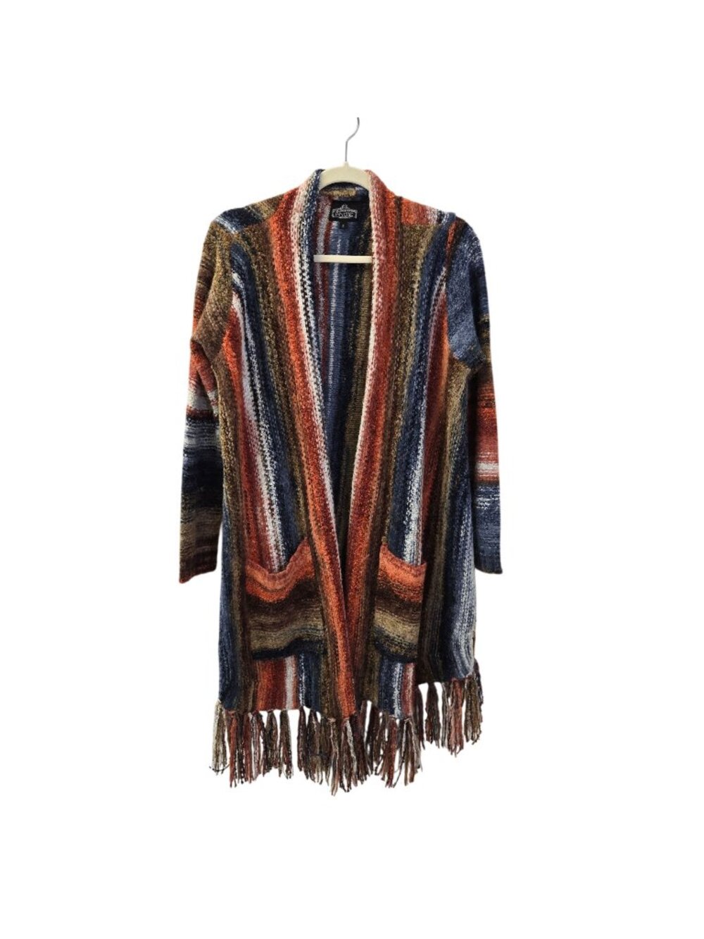Angie Wool Blend Striped Open Longline Cardigan Fringe Sweater Size Small